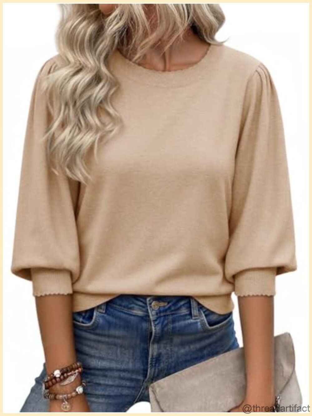 Womens 3/4 Puff Sleeve Sweater Scallop Trim Casual Knit Pullover Top